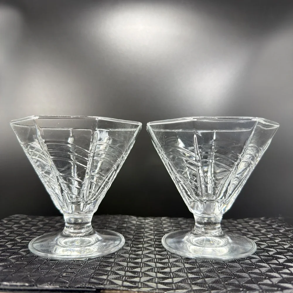 Dansk Summerhouse Clear Glass Footed Dessert Bowls Art Deco Hexagonal Set of 2‎